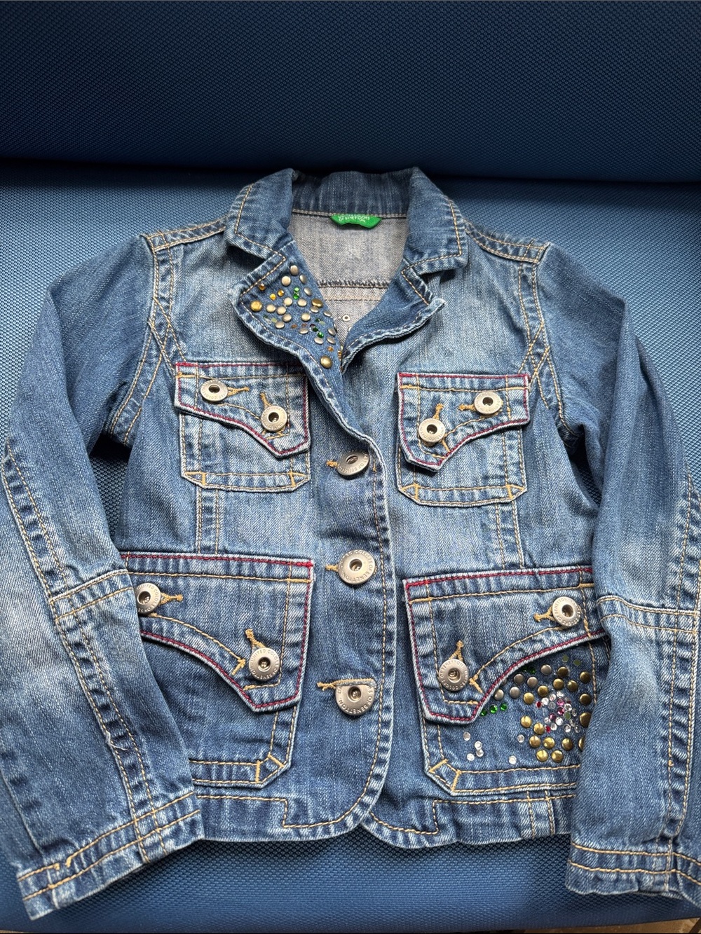 Vintage Benetton Girls Denim Jacket Studded Y2K Size XS (4)Embellished